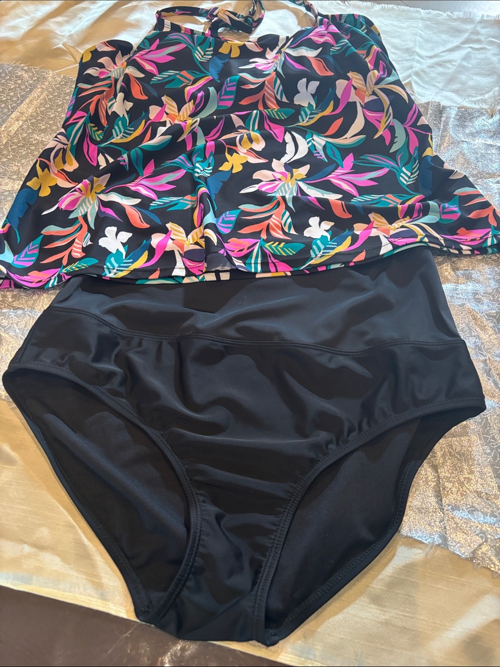 Island Escape Black Floral Tankini Top with Pink, Teal, Yellow & White Accents